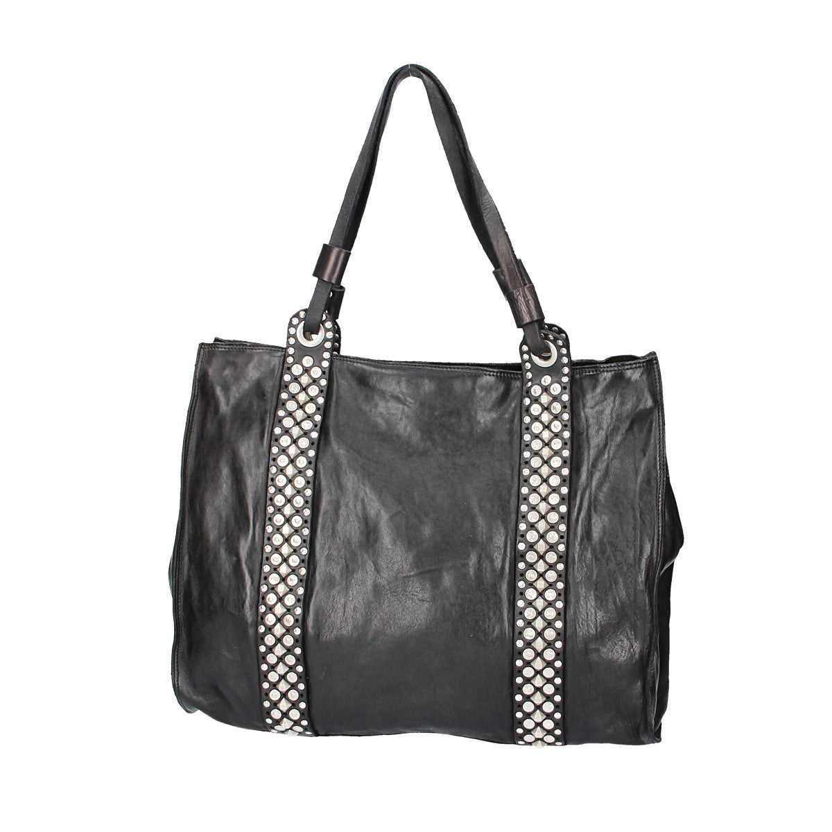 Ledershopper in Schwarz mit Reißverschluss und Ziernieten - leder-accessoires.com