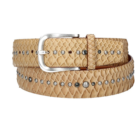 Schlangenledergürtel 40mm Beige mit Nieten und Strass - leder-accessoires.com