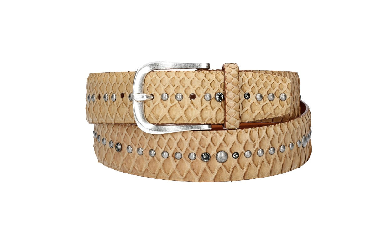 Schlangenledergürtel 40mm Beige mit Nieten und Strass - leder-accessoires.com