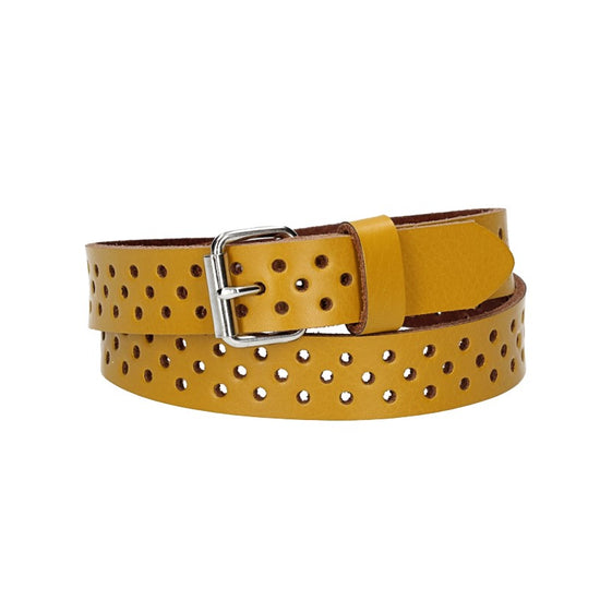 Ledergürtel Mini 20mm in Gelb mit durchgehender Lochung und dunkler Rollschließe - leder-accessoires.com