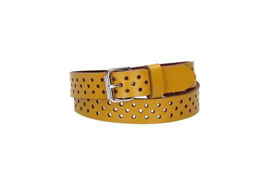 Ledergürtel Mini 20mm in Gelb mit durchgehender Lochung und dunkler Rollschließe - leder-accessoires.com