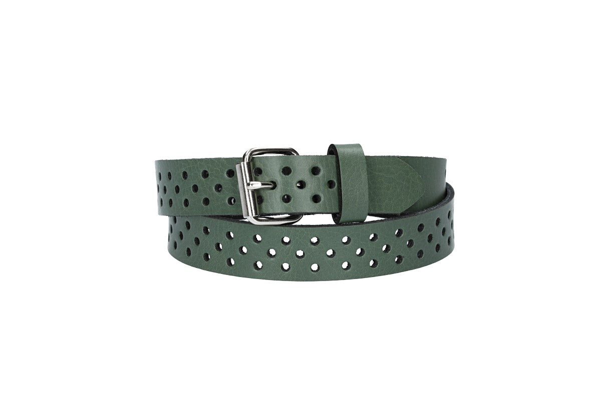 Ledergürtel Mini 20mm in Grün mit durchgehender Lochung und dunkler Rollschließe - leder-accessoires.com