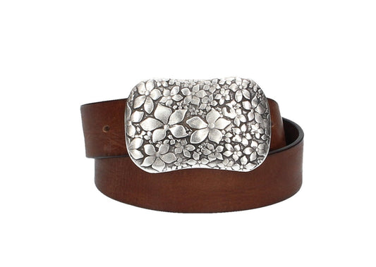 Ledergürtel Cognac 40mm mit Blumenschließe|Koppelschließe - leder-accessoires.com