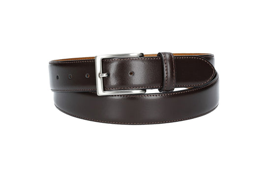 Herren-|Anzugsgürtel 35mm bombiert und abgenäht in Braun mit Dornschließe - leder-accessoires.com
