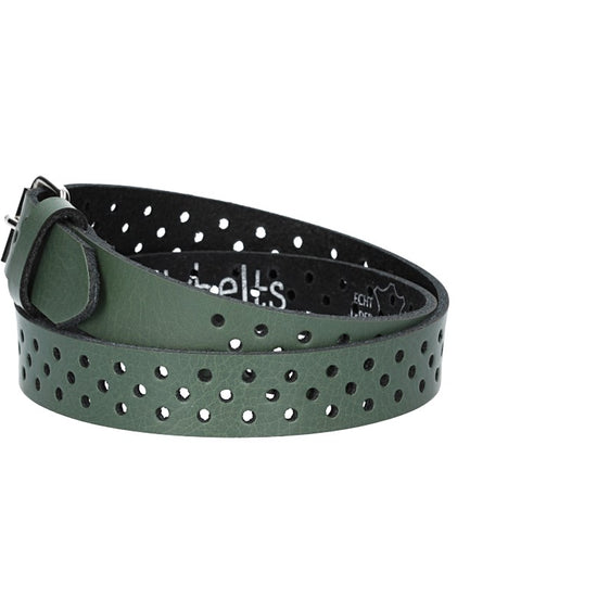 Ledergürtel Mini 20mm in Grün mit durchgehender Lochung und dunkler Rollschließe - leder-accessoires.com