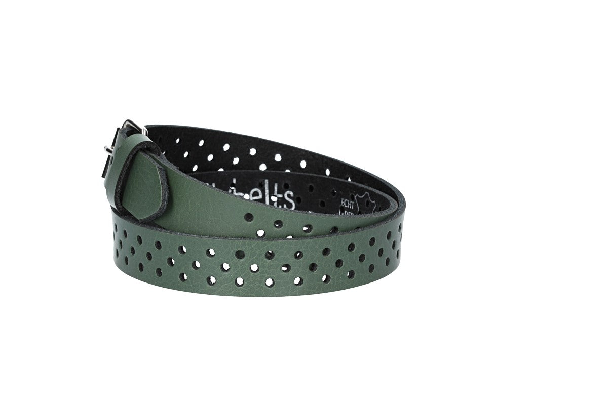 Ledergürtel Mini 20mm in Grün mit durchgehender Lochung und dunkler Rollschließe - leder-accessoires.com