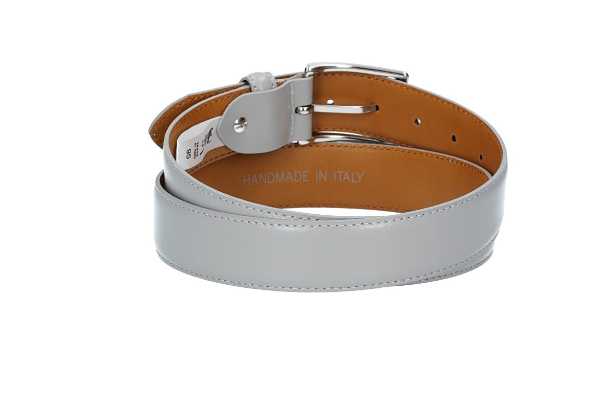 Herren-|Anzugsgürtel 35mm bombiert und abgenäht in Grau mit Dornschließe - leder-accessoires.com