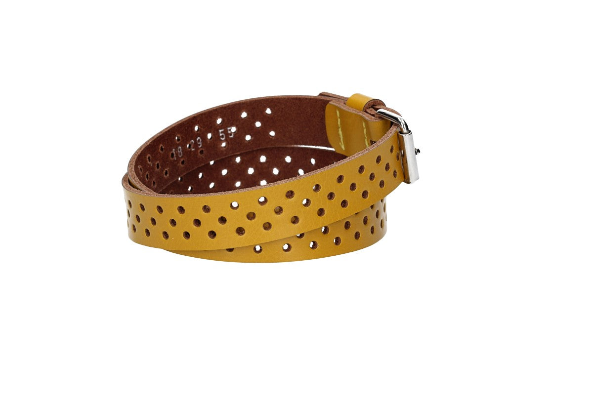Ledergürtel Mini 20mm in Gelb mit durchgehender Lochung und dunkler Rollschließe - leder-accessoires.com
