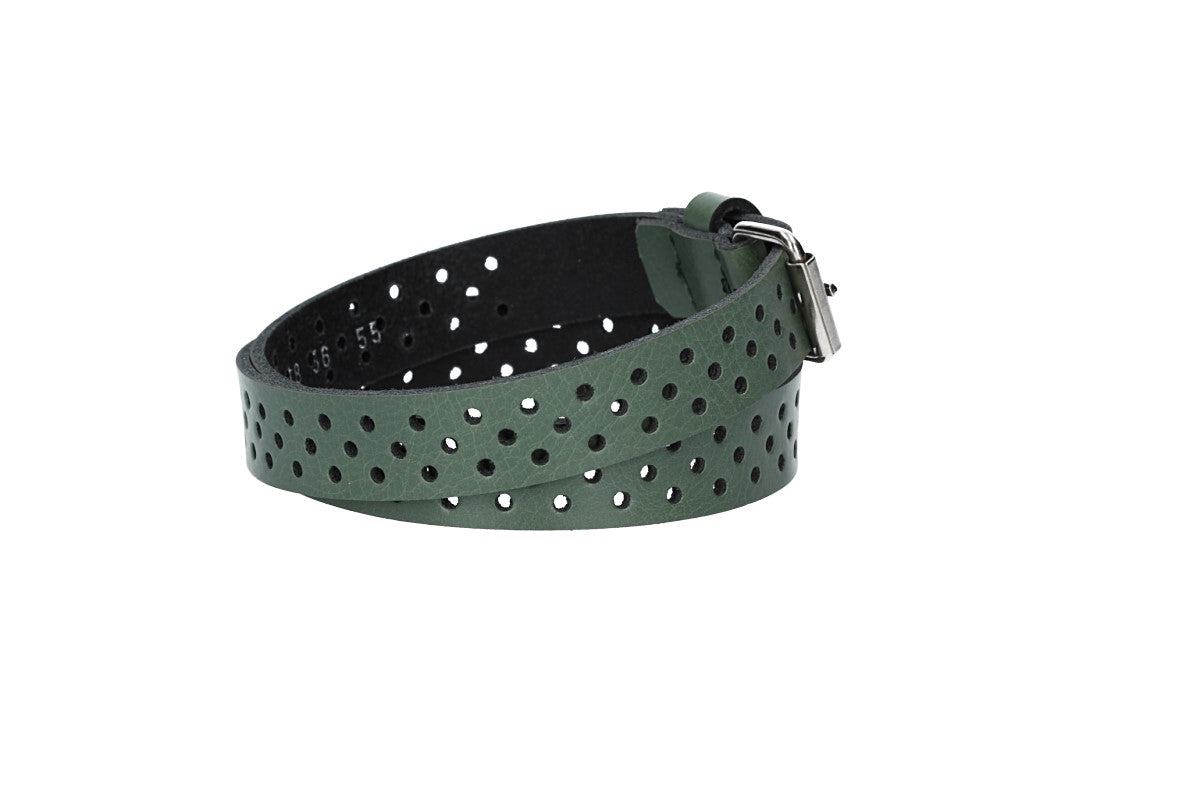 Ledergürtel Mini 20mm in Grün mit durchgehender Lochung und dunkler Rollschließe - leder-accessoires.com