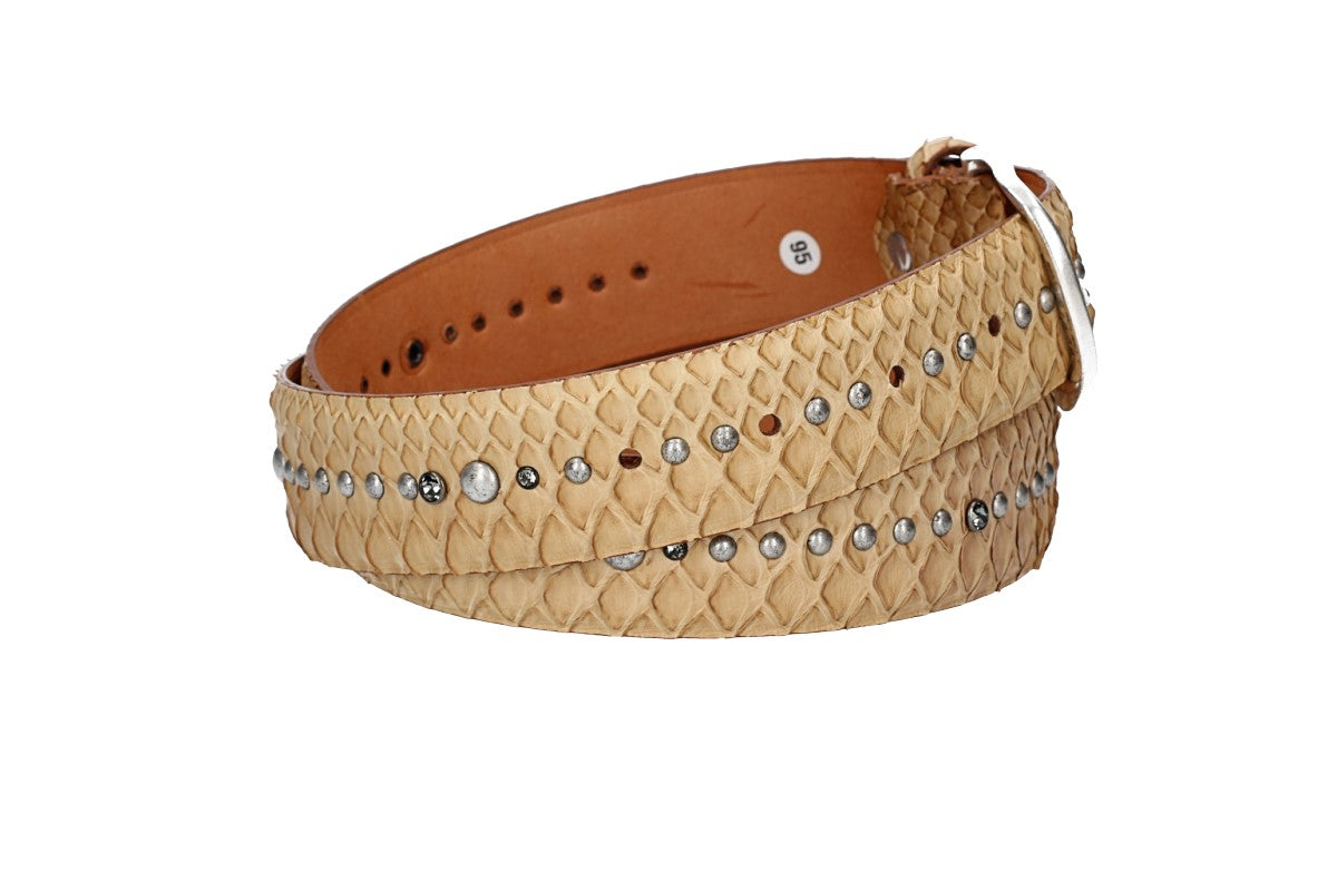 Schlangenledergürtel 40mm Beige mit Nieten und Strass - leder-accessoires.com