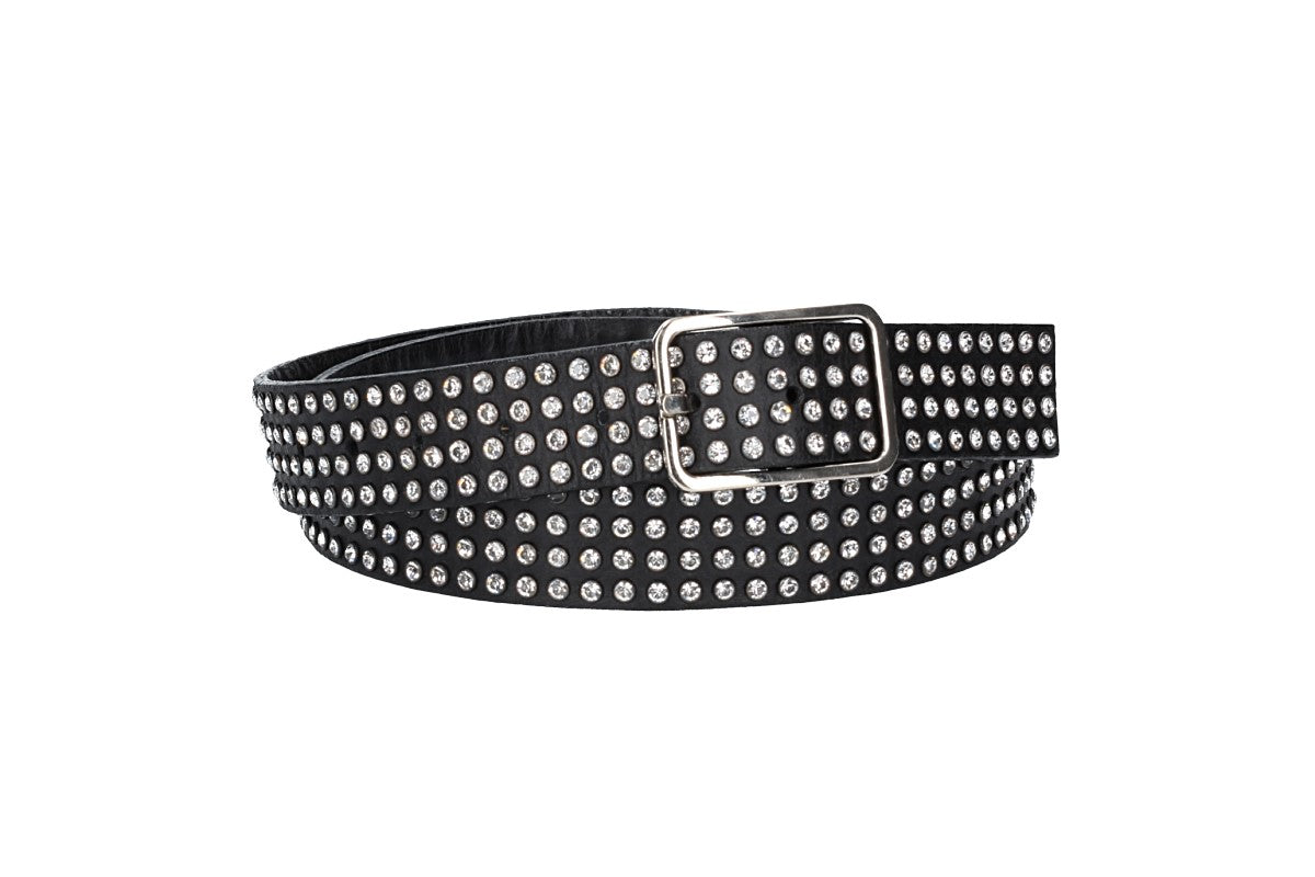 Ledergürtel 35mm in Schwarz mit Swarowski Steinen und Vollschließe Silber - leder-accessoires.com