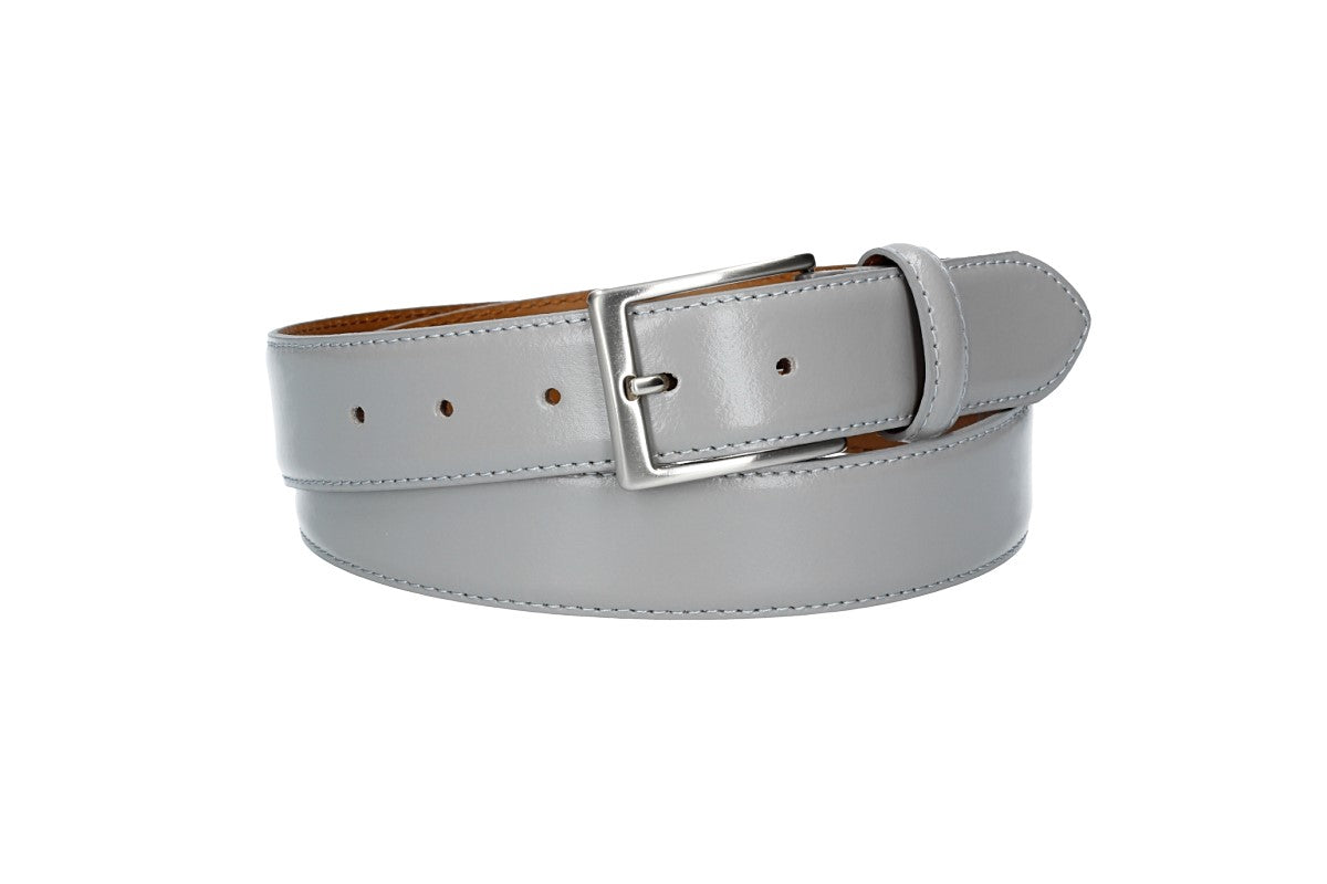 Herren-|Anzugsgürtel 35mm bombiert und abgenäht in Grau mit Dornschließe - leder-accessoires.com